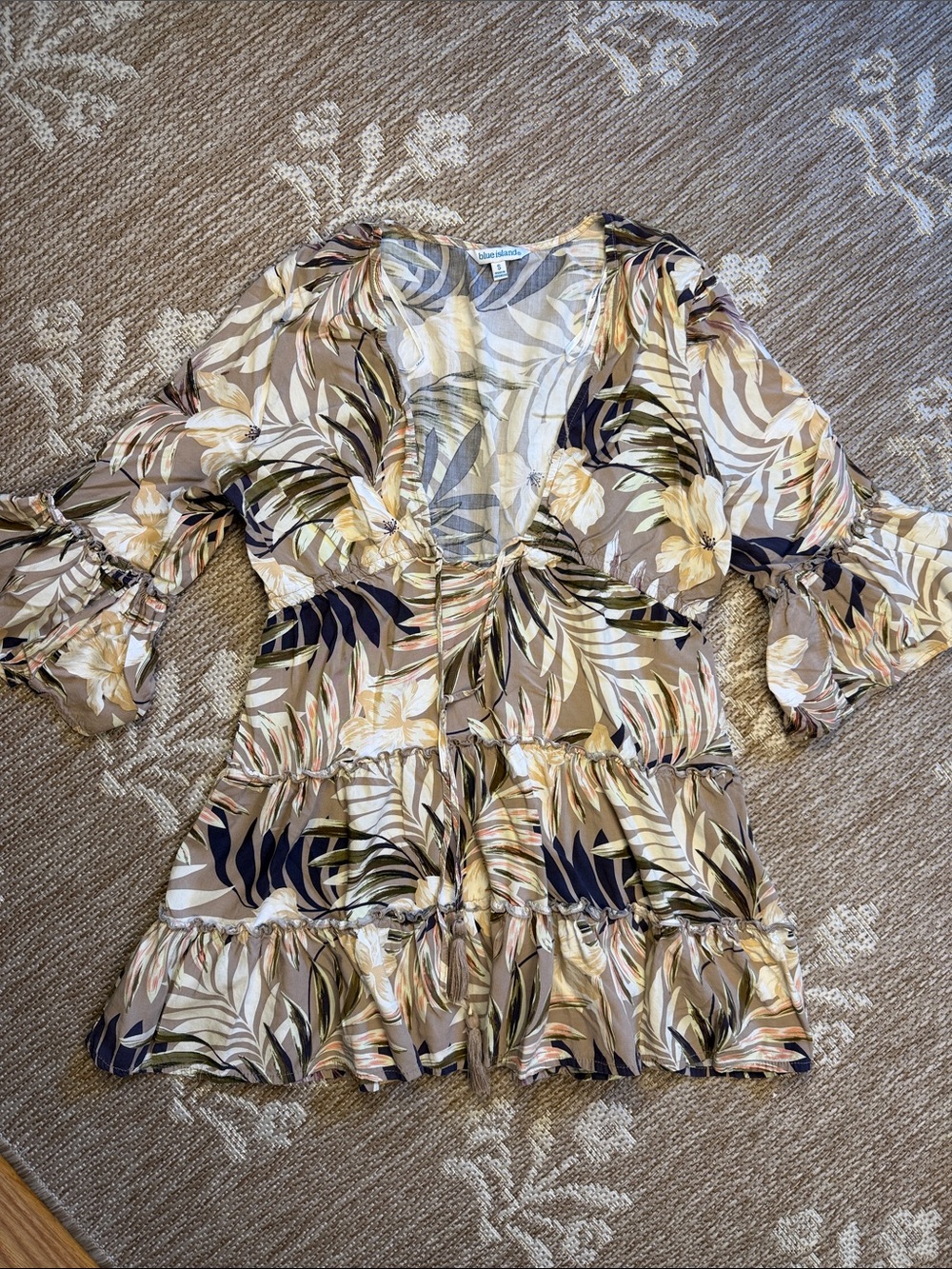 blue island Beige Multi Floral Tie-Front Tiered Tunic bathing suit cover up